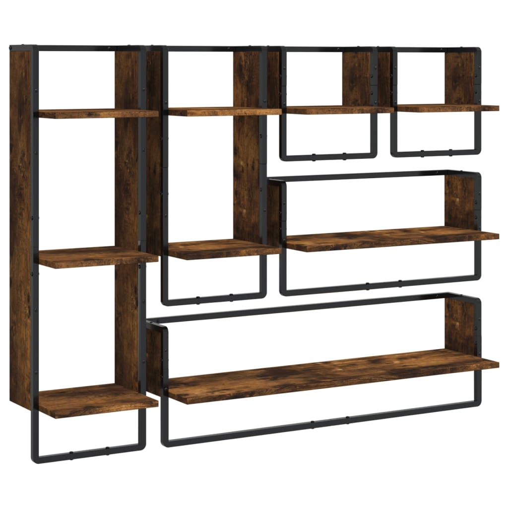vidaXL 6-delige Wandschappenset met stangen bewerkt hout zwart