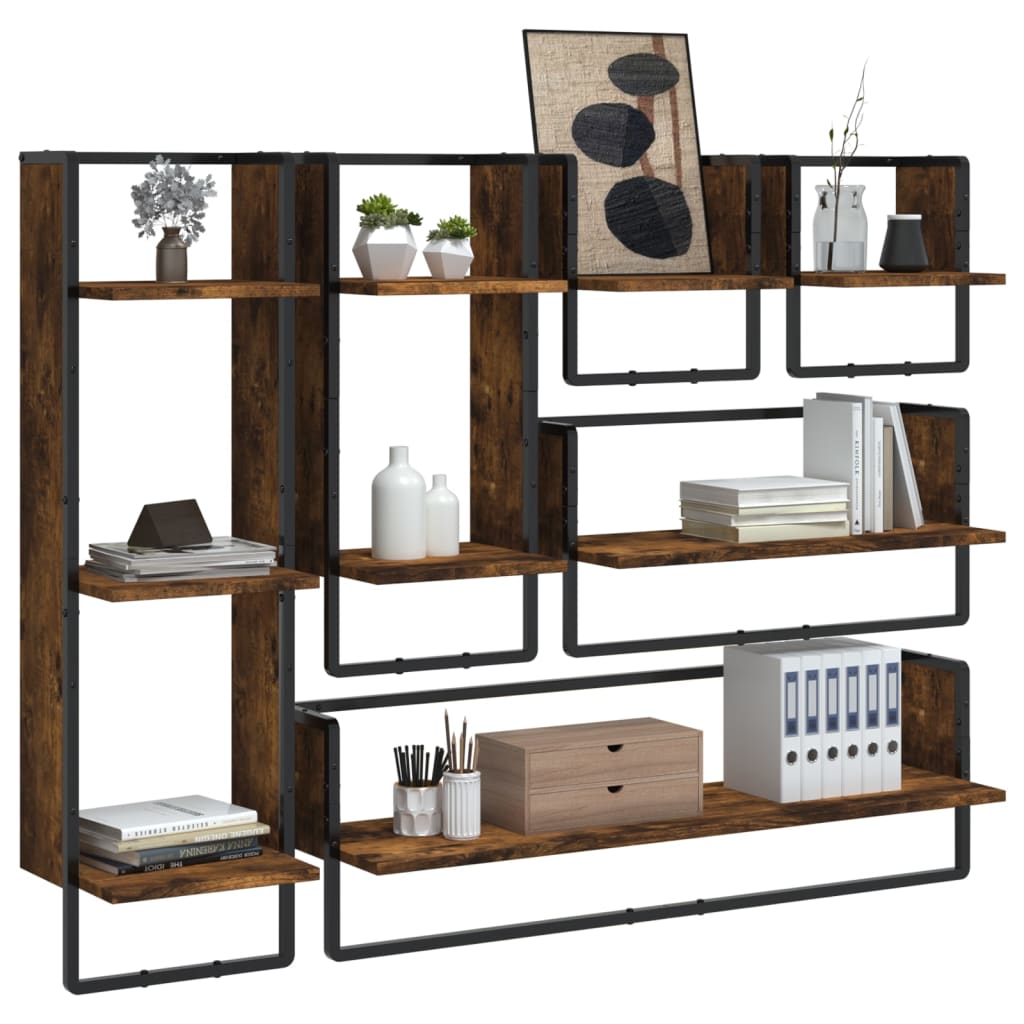 vidaXL 6-delige Wandschappenset met stangen bewerkt hout zwart