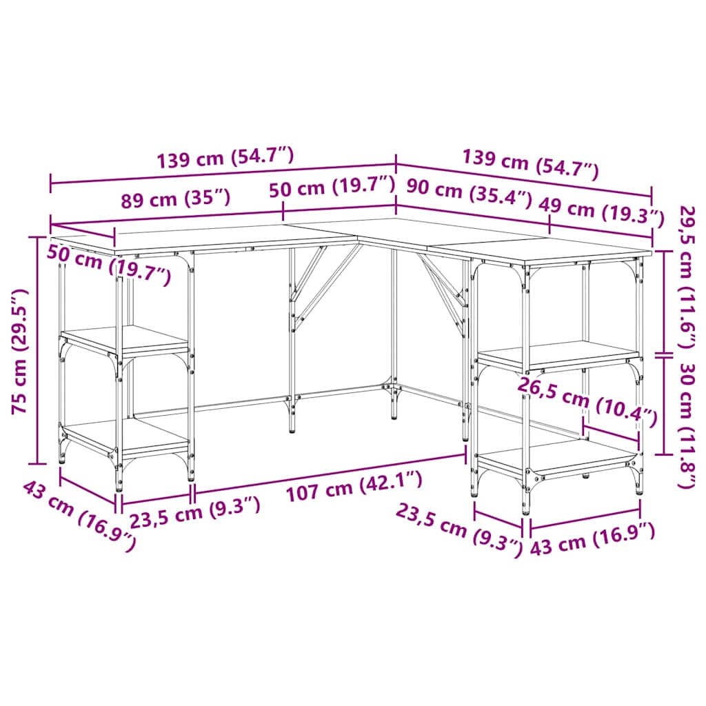 vidaXL Bureau 139x139x75 cm bewerkt hout zwart