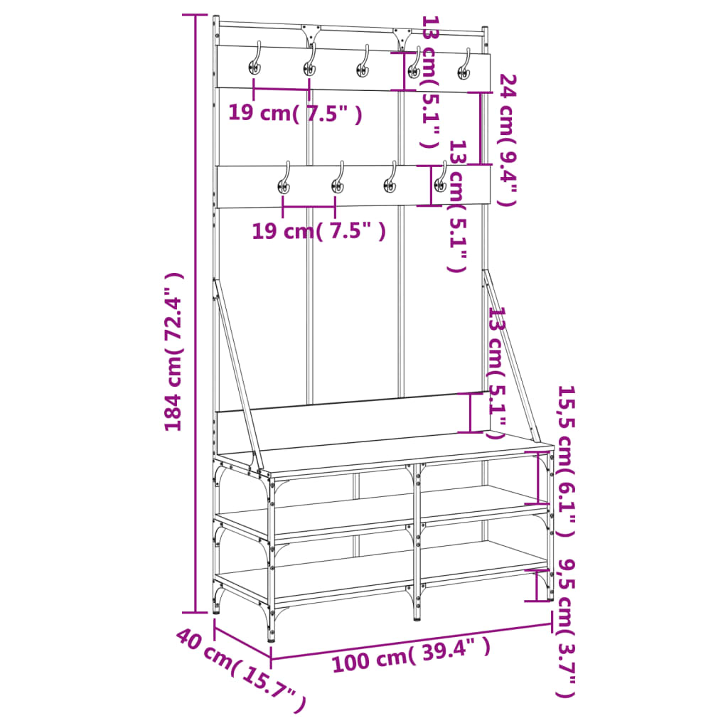 vidaXL Kledingrek met schoenenrek 100x40x184 cm zwart