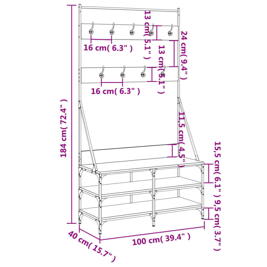 vidaXL Kledingrek met schoenenrek 70x40x184 cm zwart