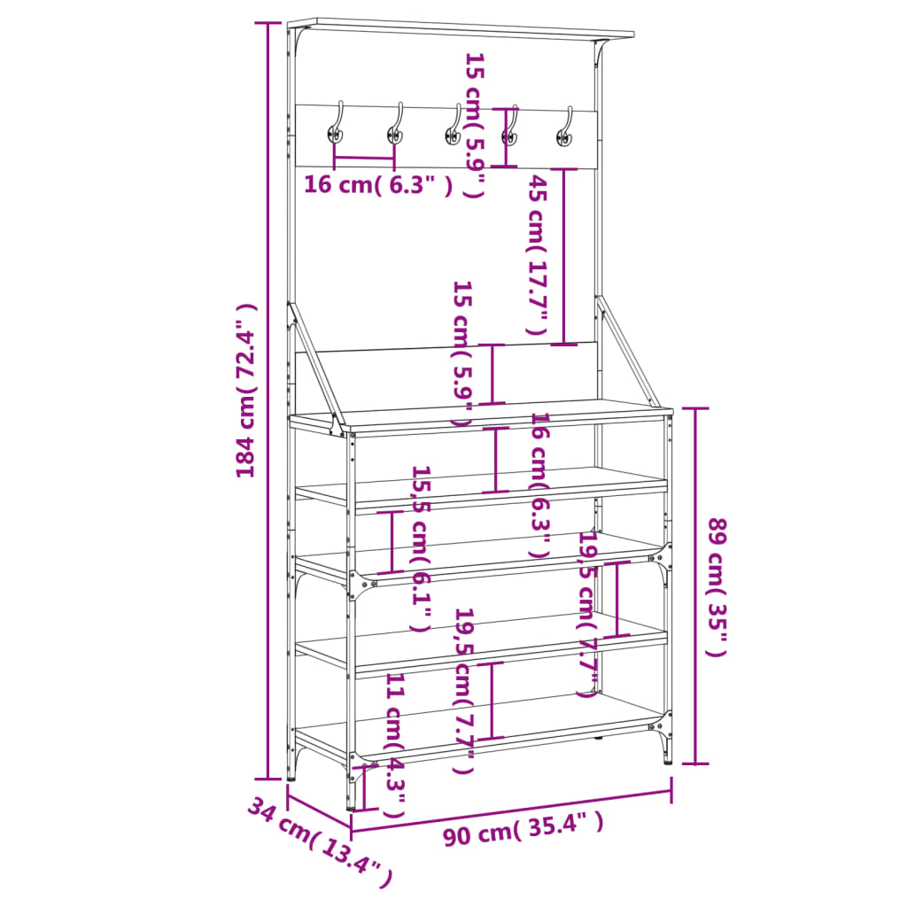vidaXL Kledingrek met schoenenrek 70x34x184 cm zwart