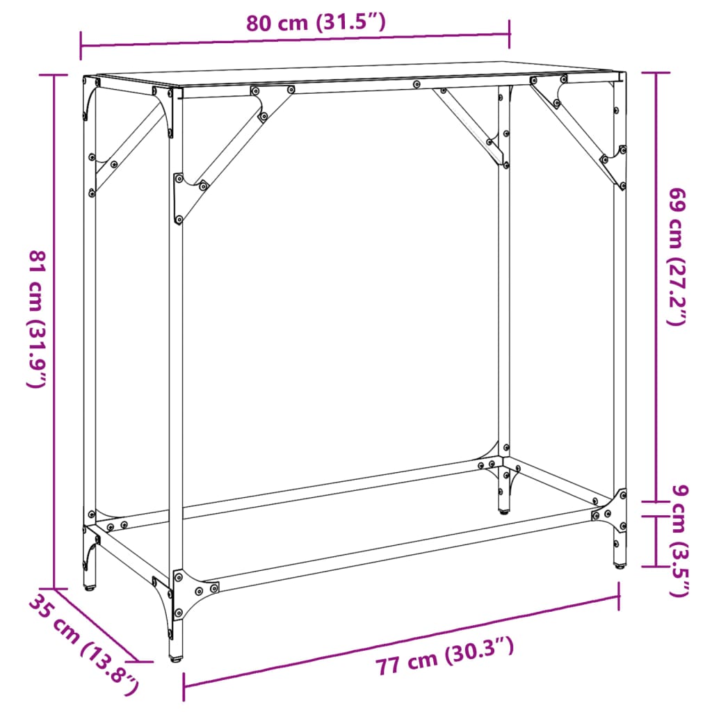 vidaXL Wandtafel met transparant glazen blad 60x35x81 cm staal