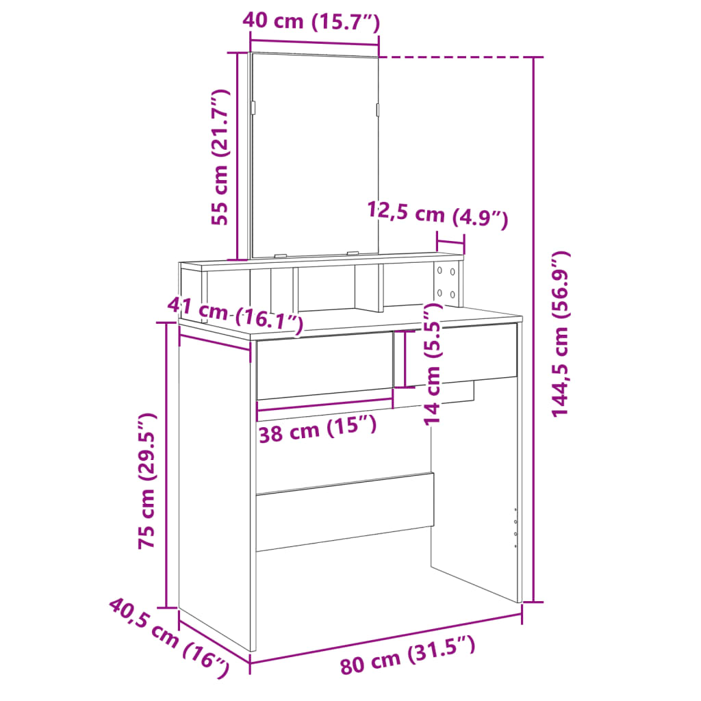 vidaXL Dressing table with mirror 80x41x144.5 cm white