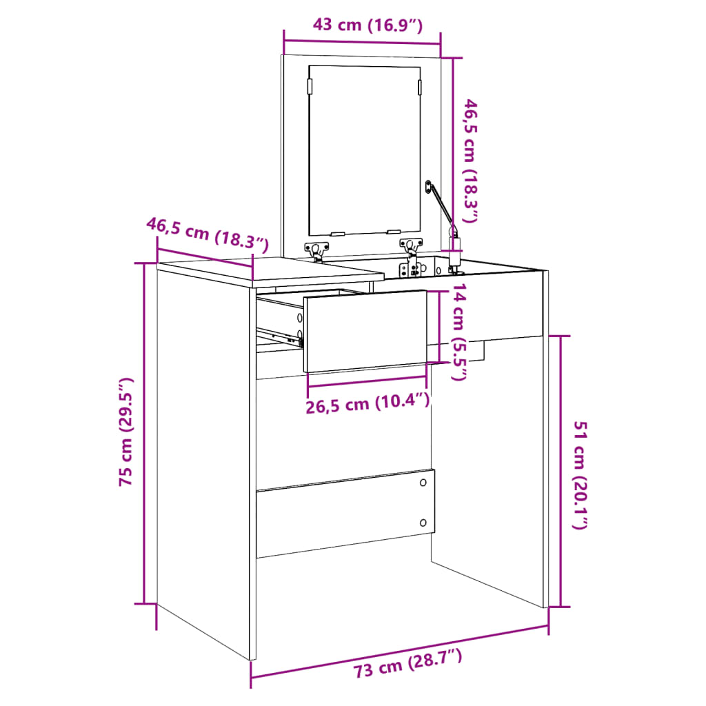 vidaXL Kaptafel met spiegel 73x46,5x120 cm wit