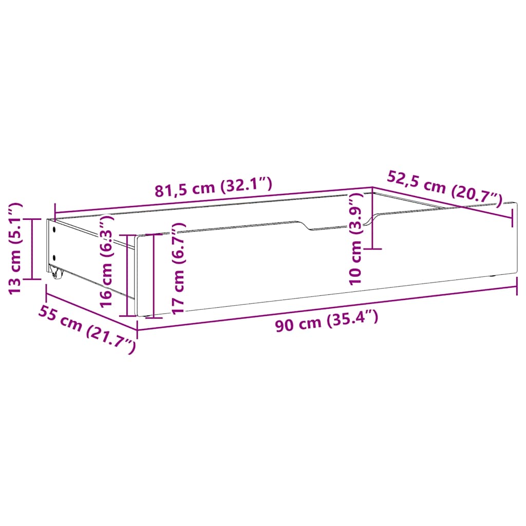 vidaXL Under-bed drawers 2 pcs with wheels 95x55x17 cm solid pine wood