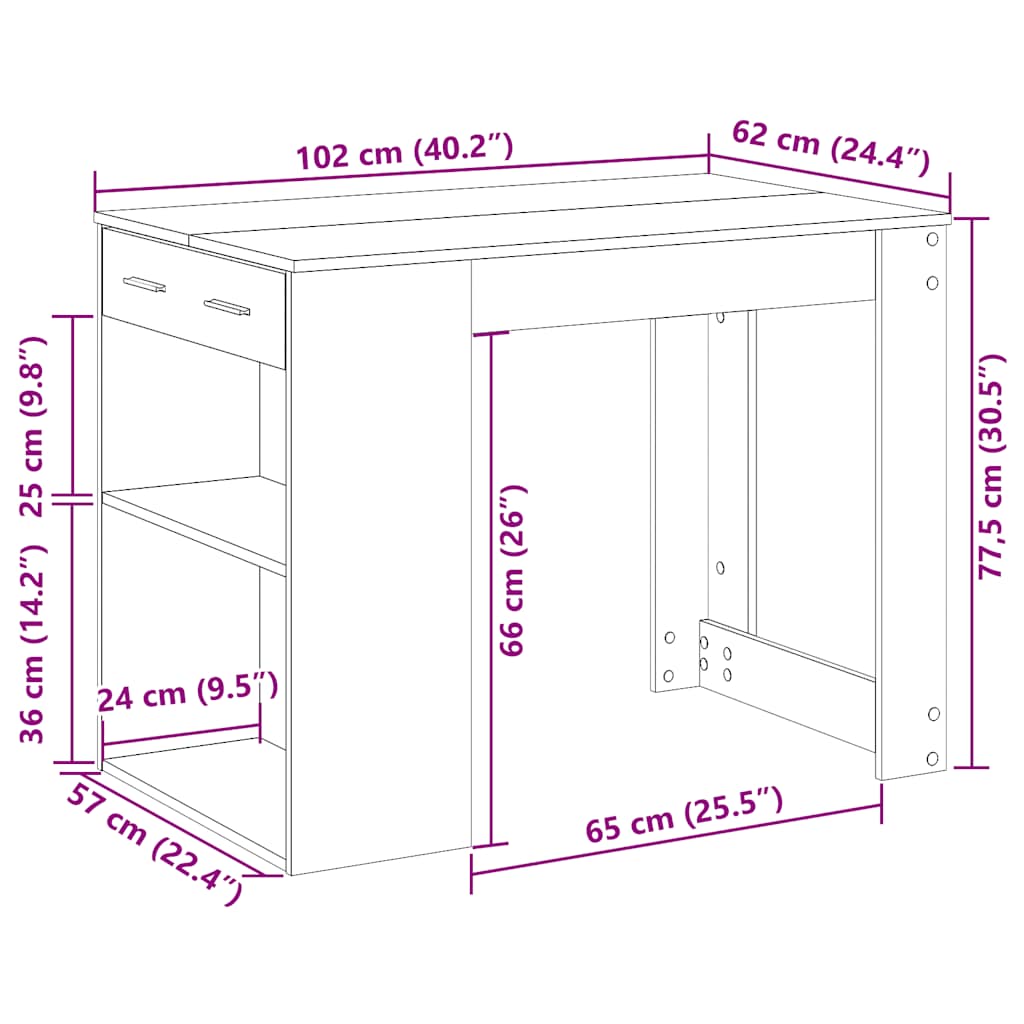 vidaXL Bureau met lade en plank 102x62x77,5 cm bewerkt hout wit