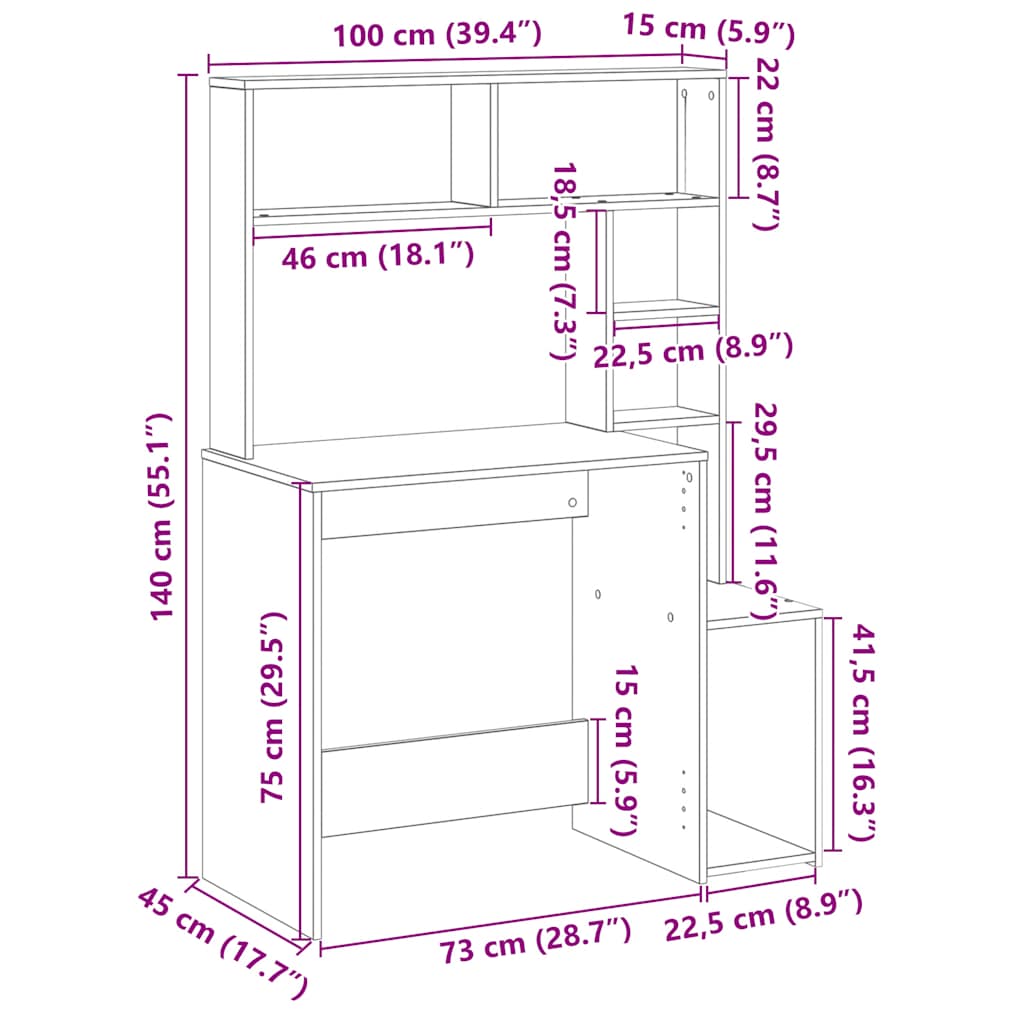 vidaXL Bureau met schappen 100x45x140 cm bewerkt hout wit