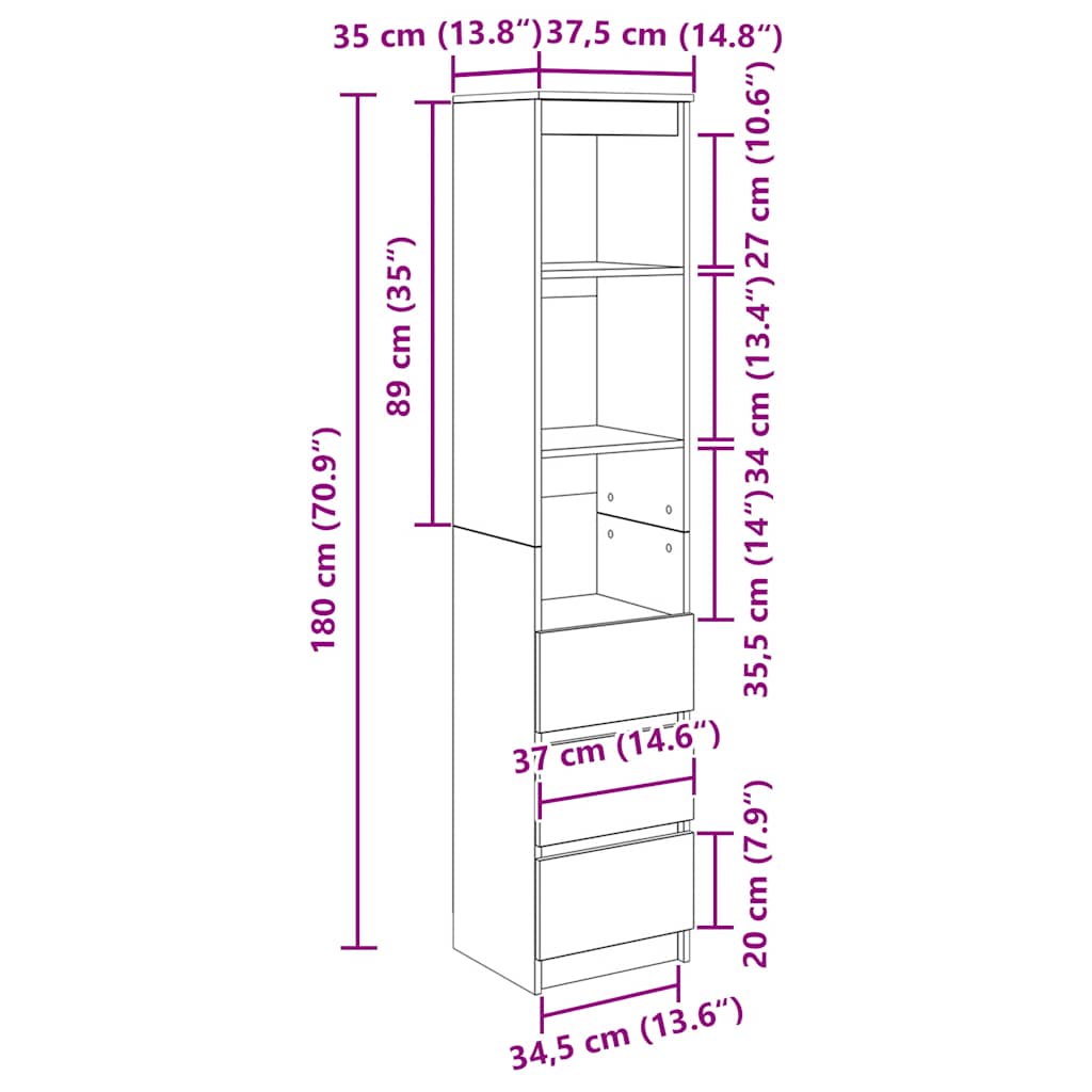 vidaXL Hoge kast 37,5x35x180 cm spaanplaat wit