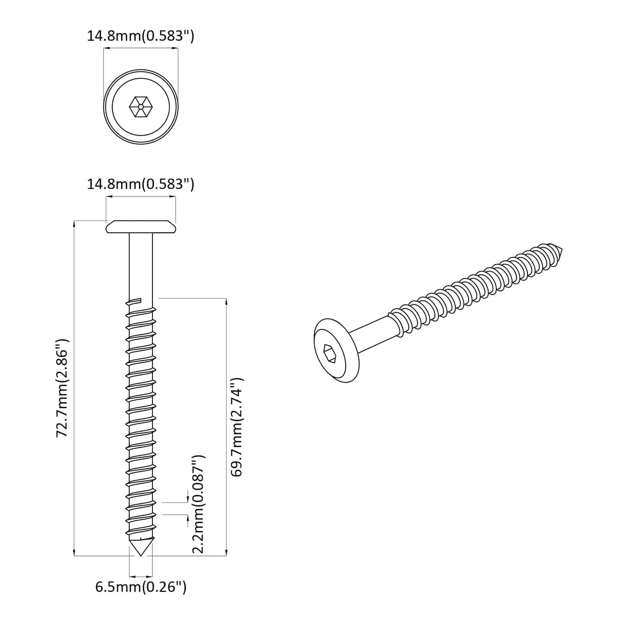 vidaXL Wood Screws 2 pcs Silver M6 x 70 mm Steel