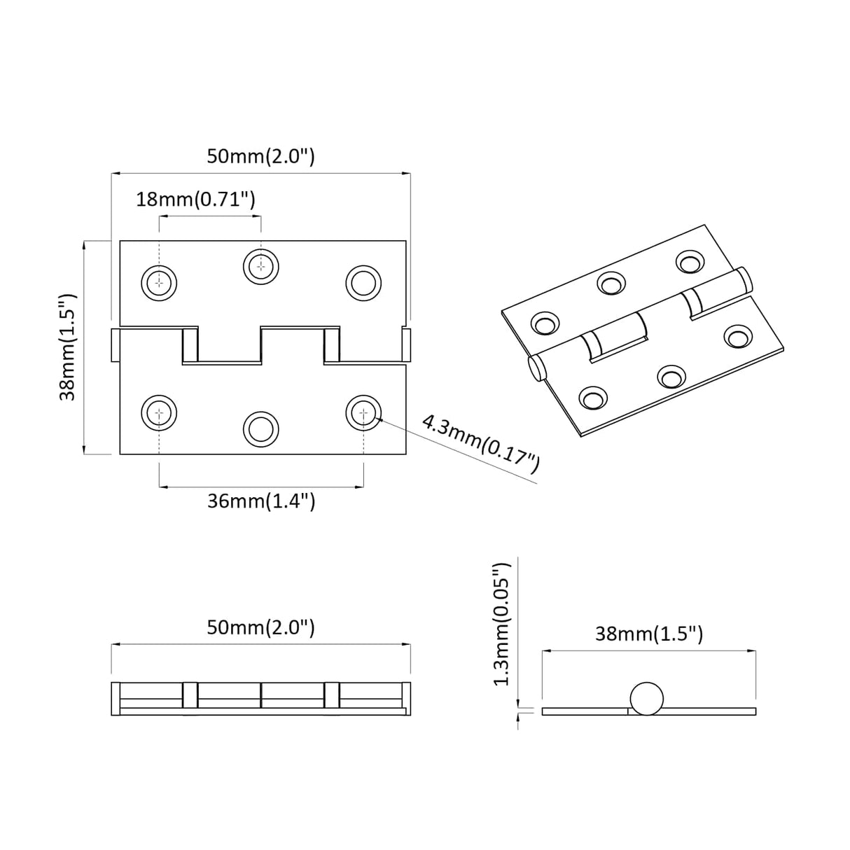 vidaXL Scharnier 2 pcs Zilver 50 x 38 x 1,3 mm Staal