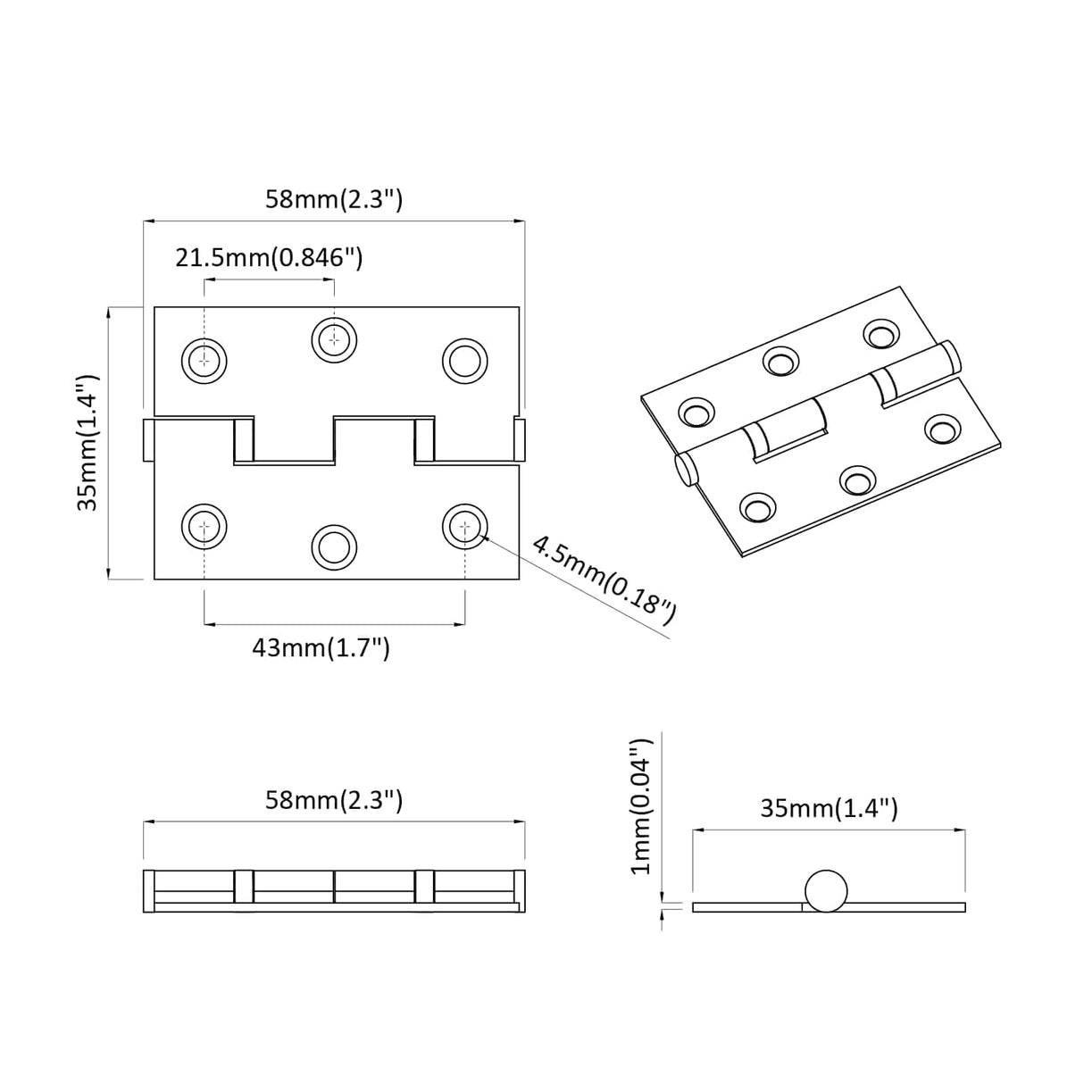 vidaXL Hinge Plain 2 pcs Silver 58 x 35 x 1 mm Steel