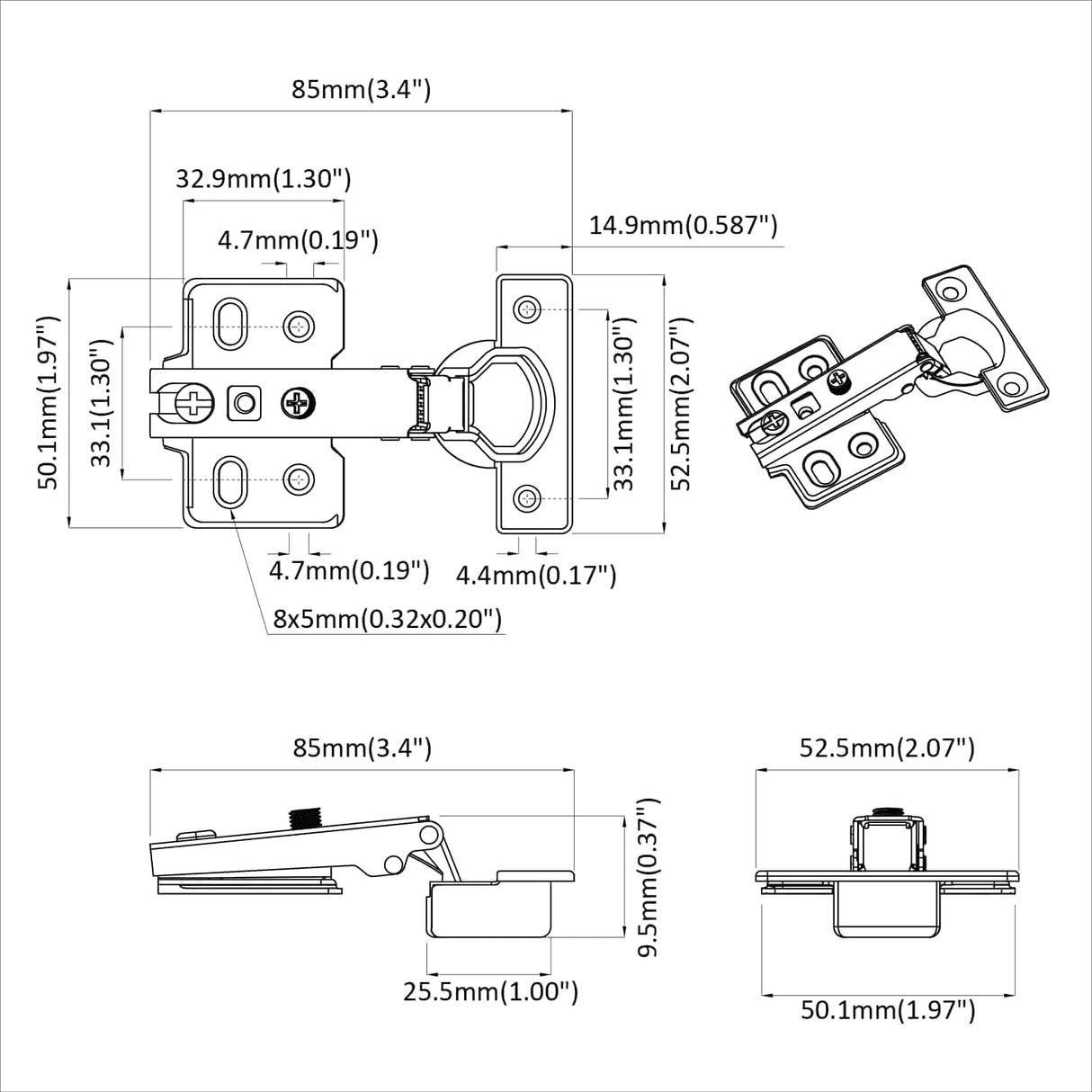 vidaXL Scharnier 2 pcs Nikkel 85 x 52,5 x 9,5 mm IJzer