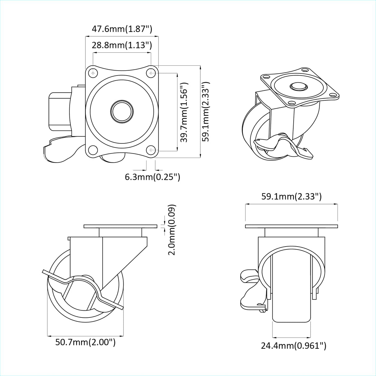 vidaXL Caster 2 pcs Zwart en zilver 50,7 x 50,7 x 24,4 mm Ijs en nylon