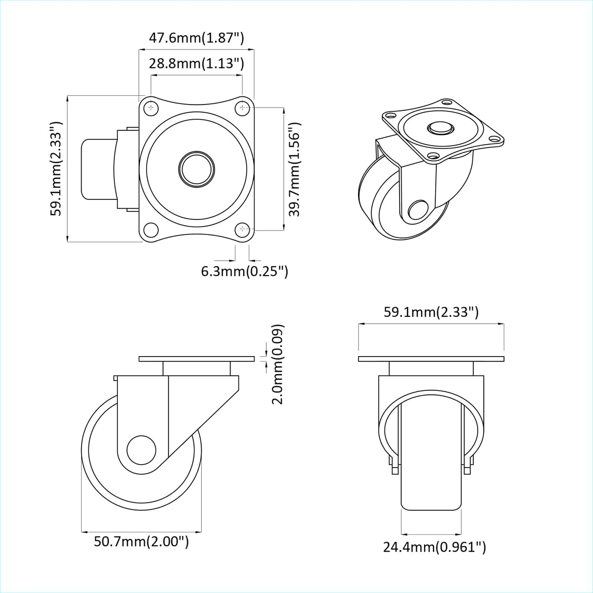 vidaXL Zwenkwiel 2 pcs Zilver 60 x 60 x 50 mm Ijs en nylon