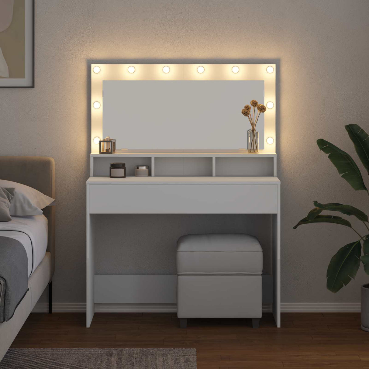 vidaXL Kaptafel met spiegellichten Wit 100 x 41 x 135 cm Bewerkt hout
