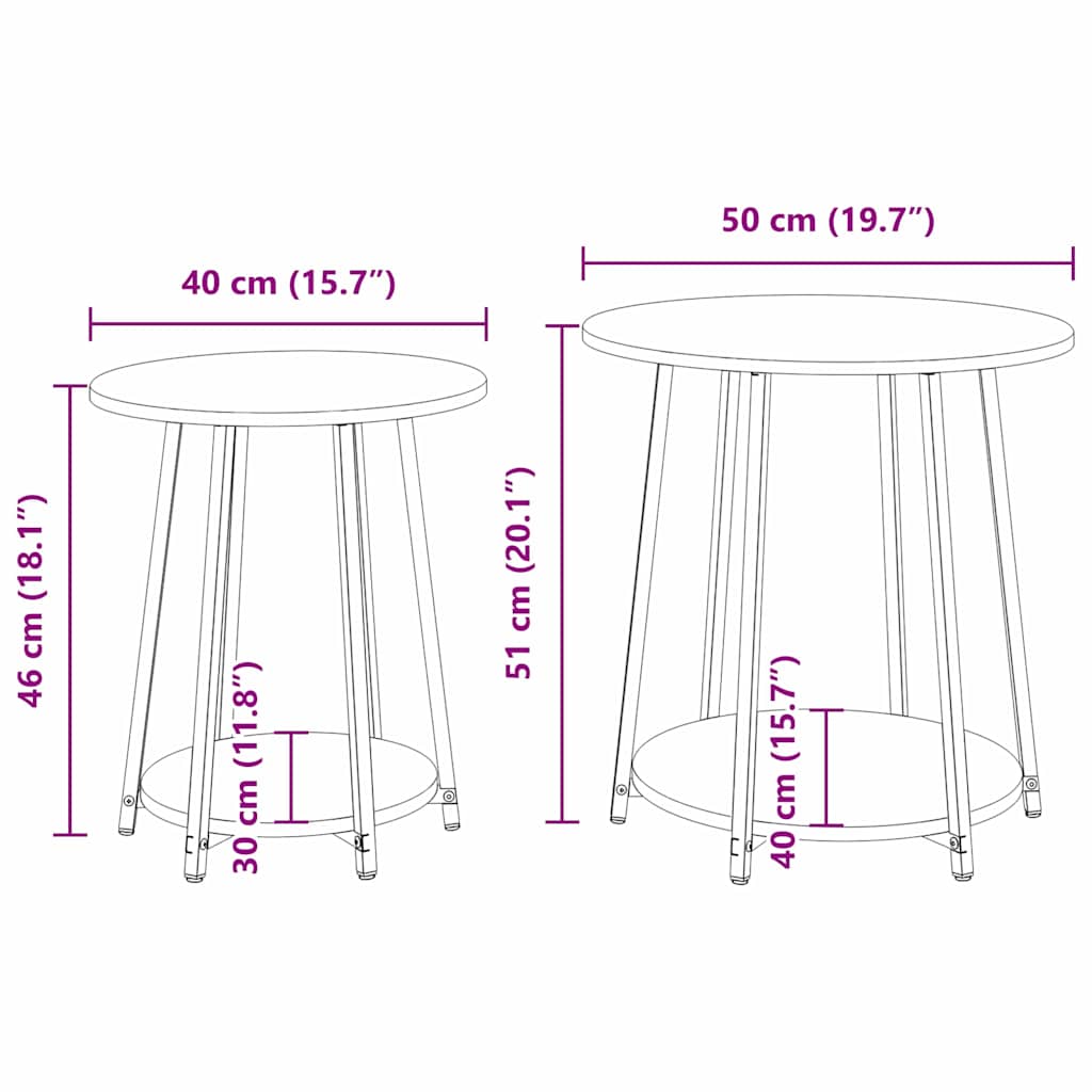 vidaXL Bijzettafelset met plank 2 pcs Zwart Eiken