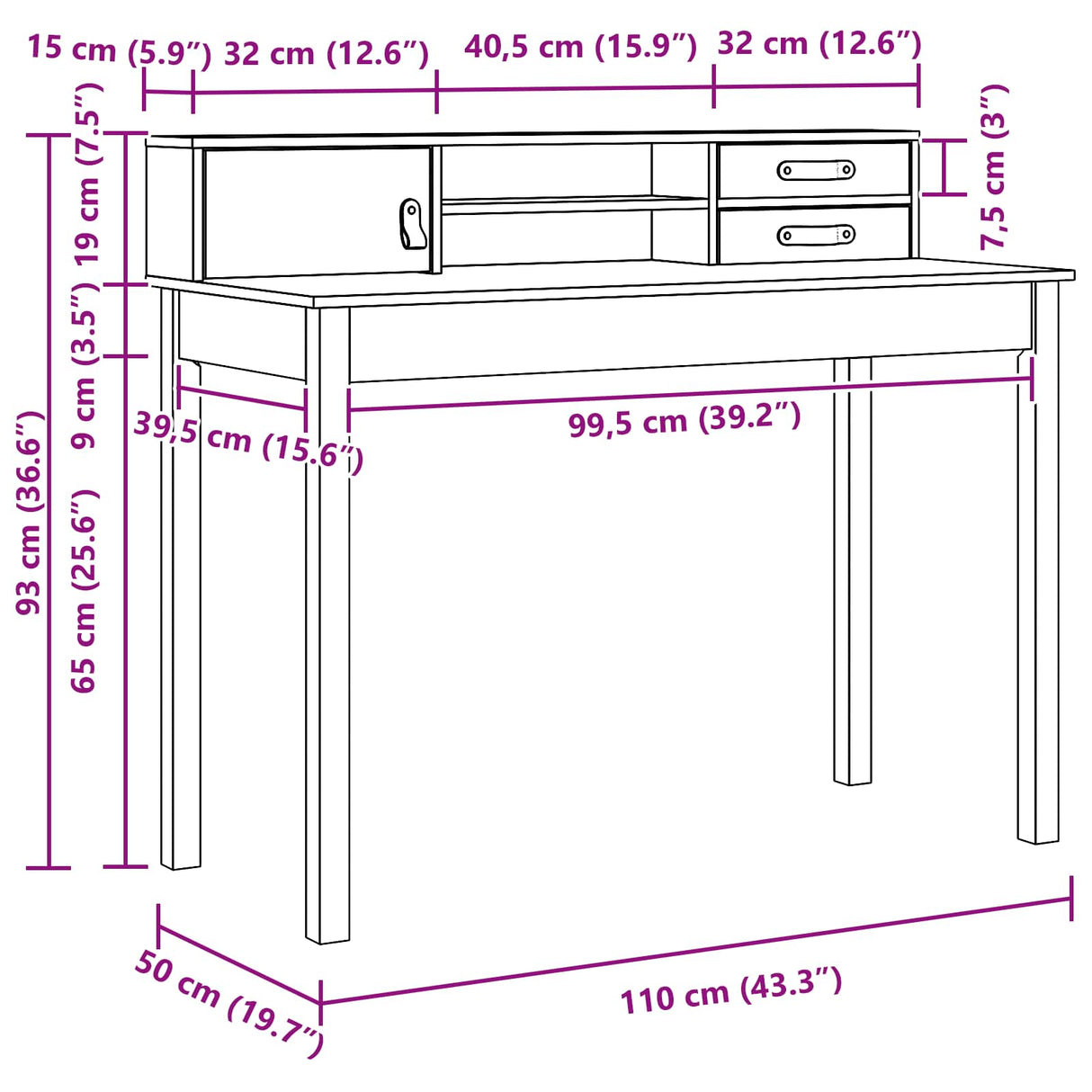 vidaXL Desk 110x50x93 cm solid pine wood