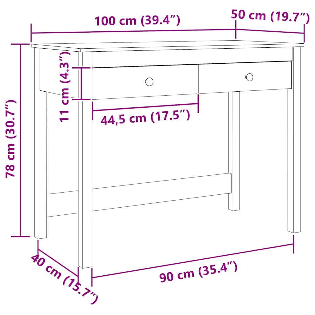 vidaXL Bureau met lades 100x50x78 cm massief grenenhout