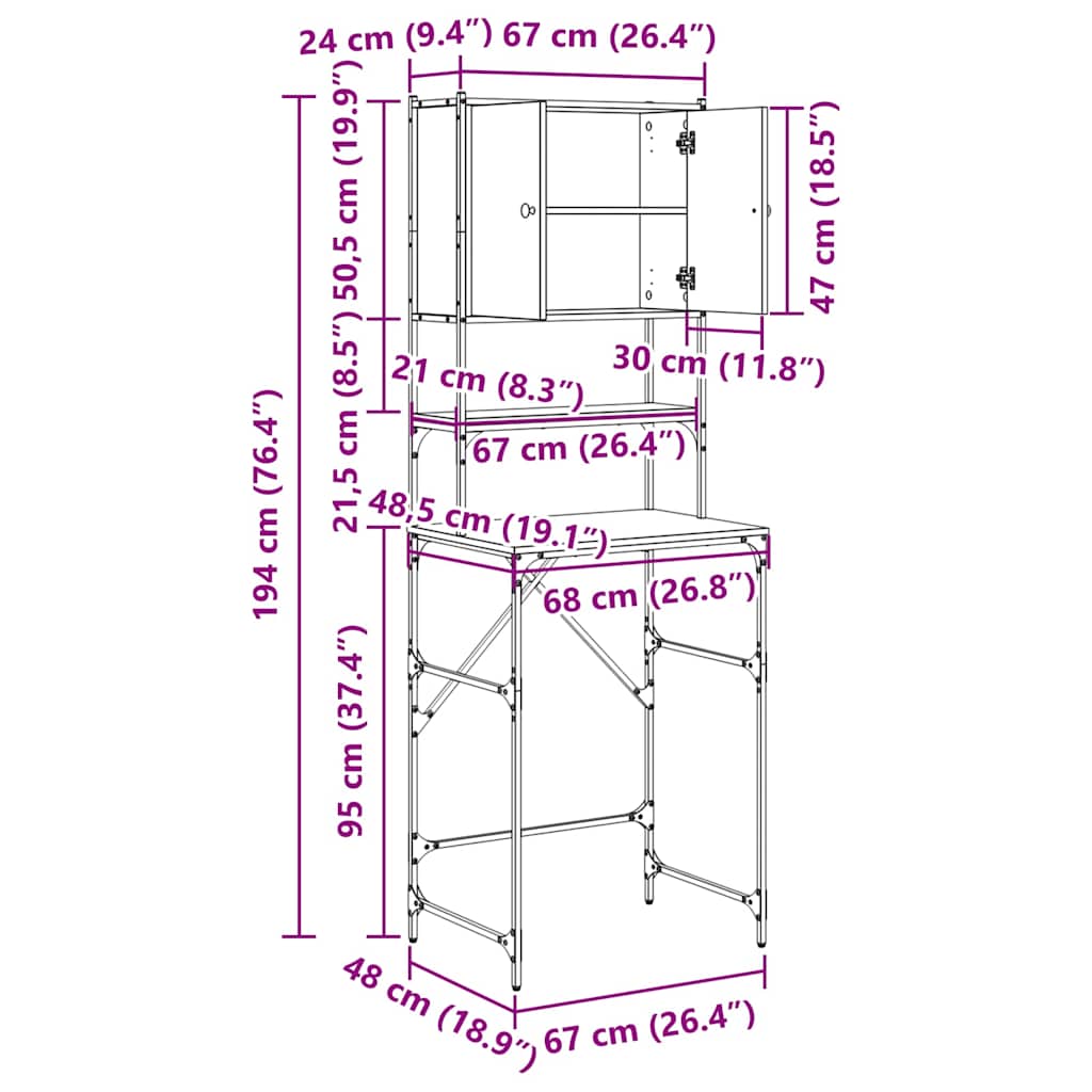 vidaXL Wasmachinekast 68x48,5x194 cm zwart