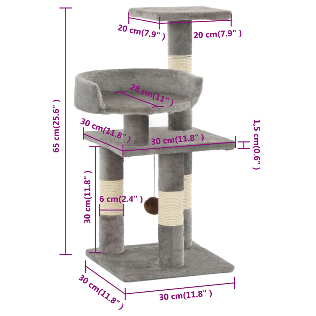 vidaXL Cat Scratching Post with Sisal Scratchers 65 cm Grey