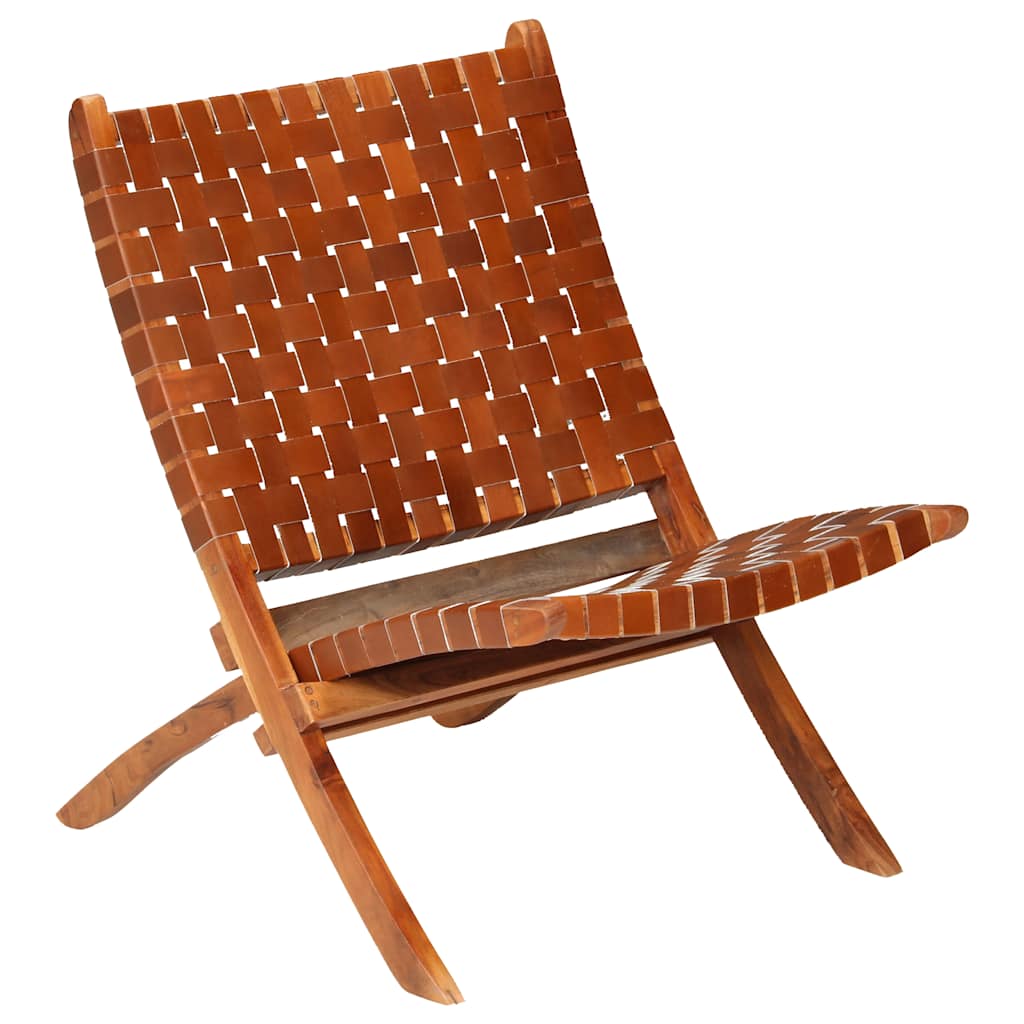 vidaXL Folding Chair Cross Striped Genuine Leather Brown