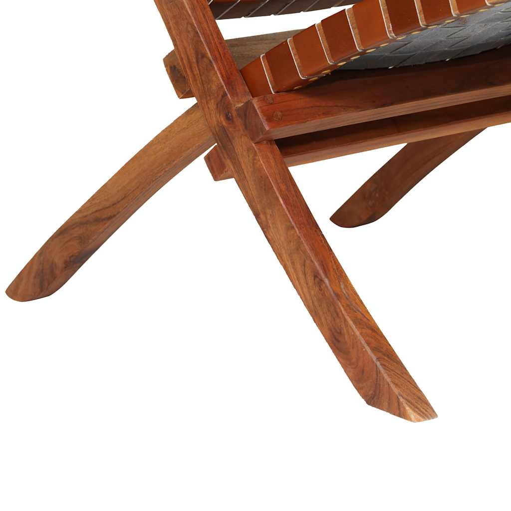 vidaXL Folding Chair Cross Striped Genuine Leather Brown