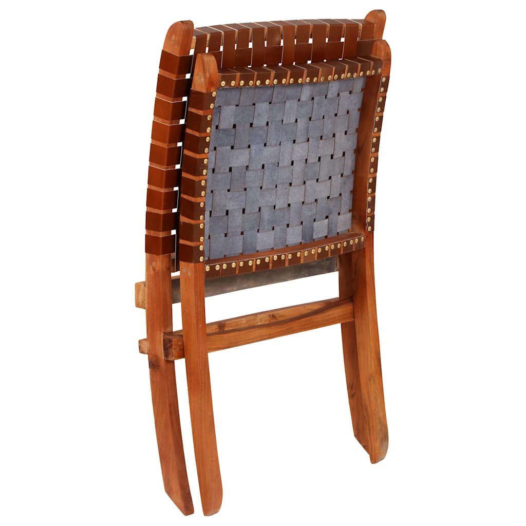 vidaXL Folding Chair Cross Striped Genuine Leather Brown