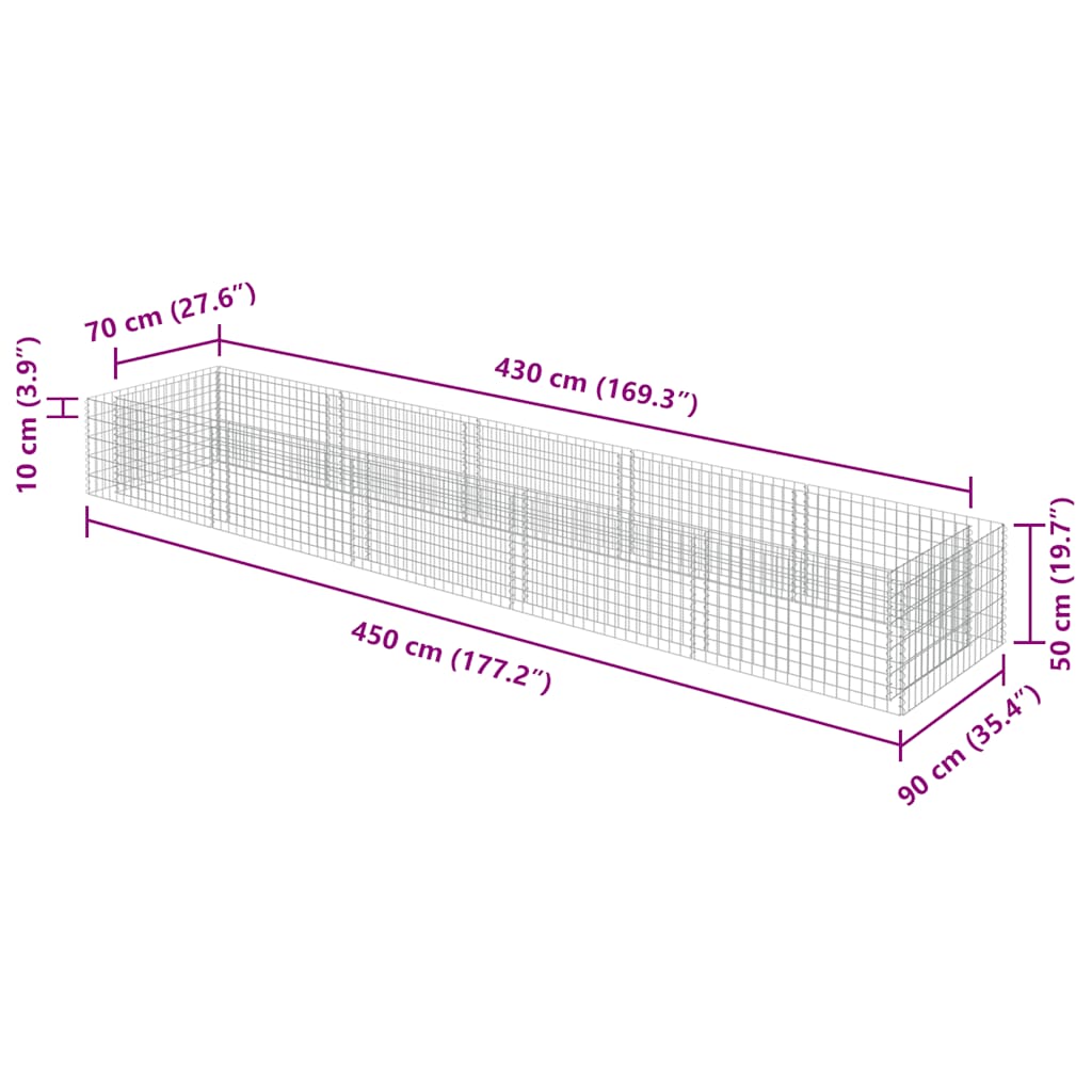vidaXL Raised Gabion Planter 450x90x100 cm Galvanized Steel