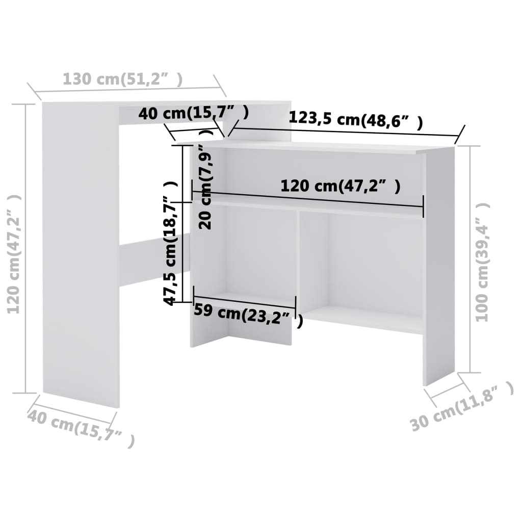 vidaXL Bartafel avec 2 plateaux de table 130x40x120 cm blanc