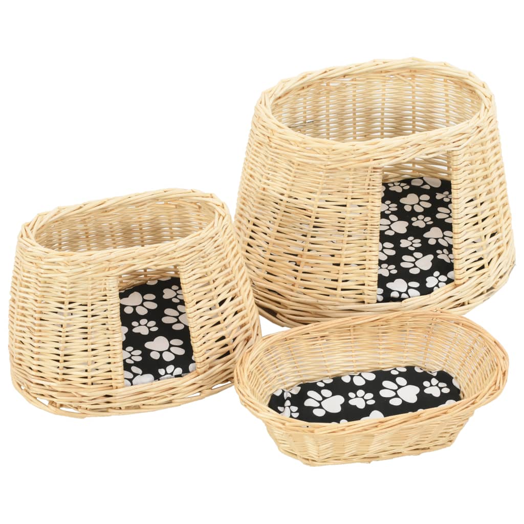 vidaXL 3-Piece Cat Basket Set with Cushions 47x34x60 cm Natural Willow