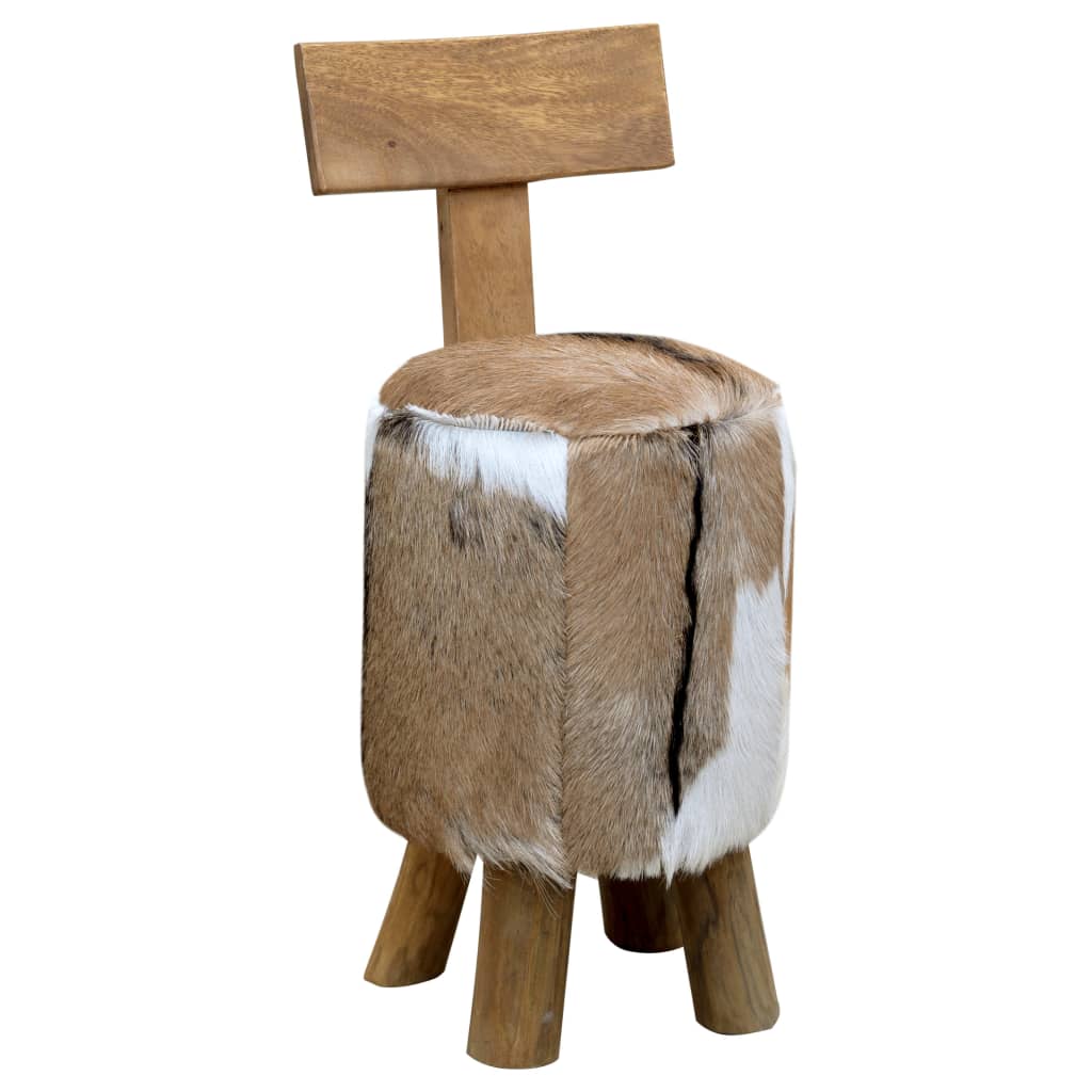 vidaXL Goat Leather and Solid Teak Stool