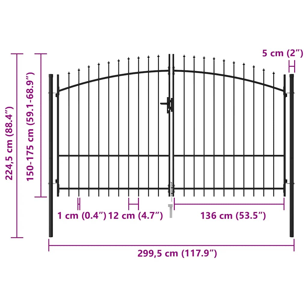vidaXL Double Gate with Spear Top 299.5x224.5 cm Steel Black