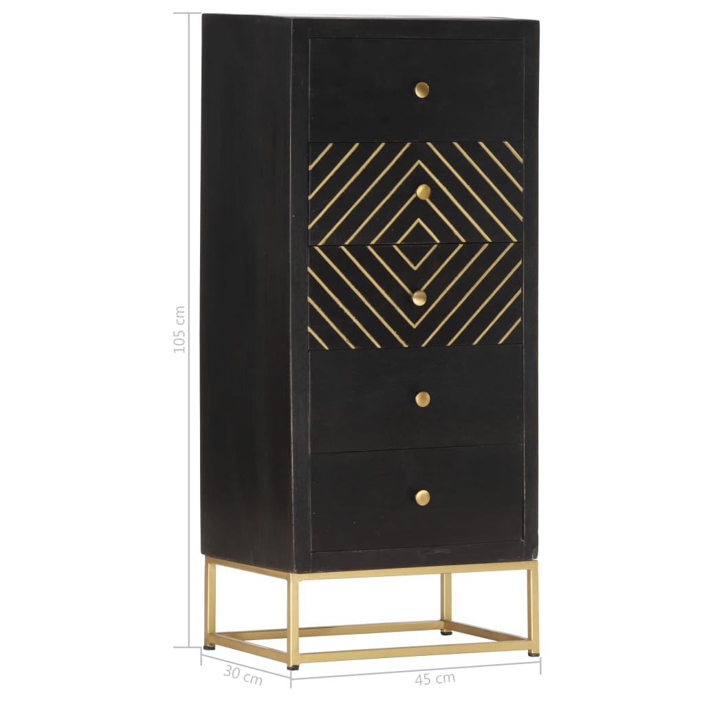 vidaXL Ladekast 45x30x105 cm massief mangohout zwart en goudkleurig