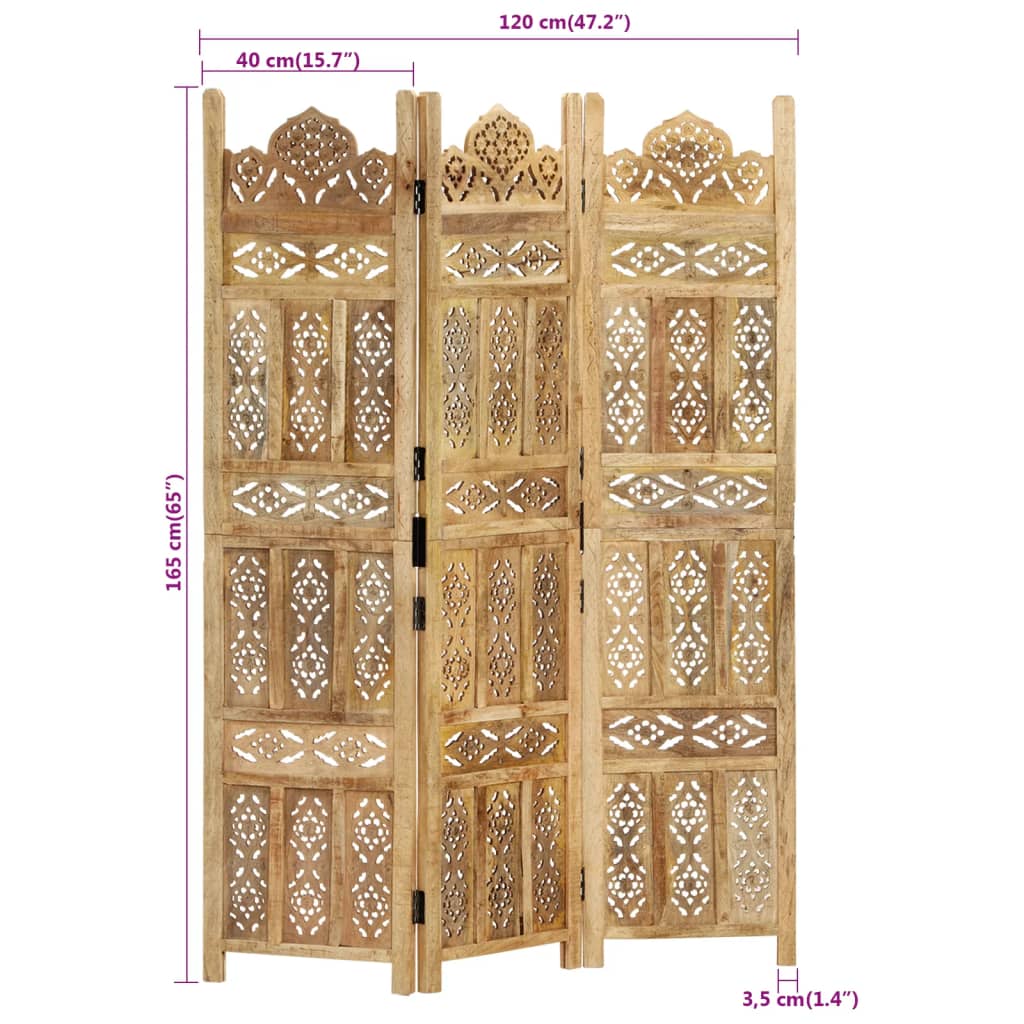 vidaXL Room Divider 3 Panels Hand-Carved 120x165 cm Solid Mango Wood