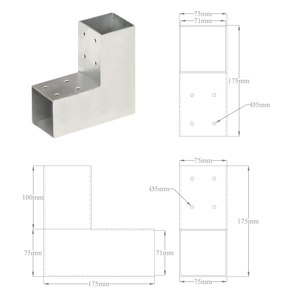 vidaXL Post Connector L-shape 71x71 mm Galvanized Metal