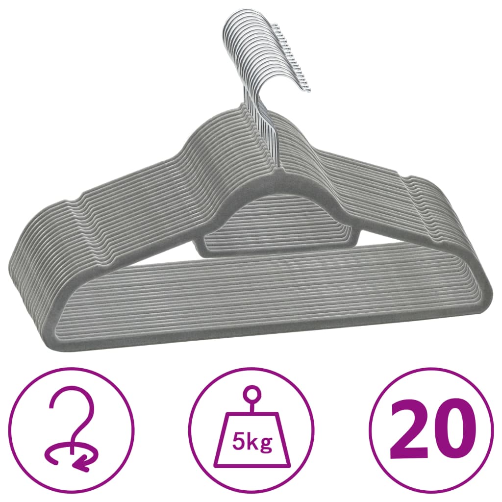 vidaXL 20-piece Non-Slip Velvet Clothes Hanger Set Grey