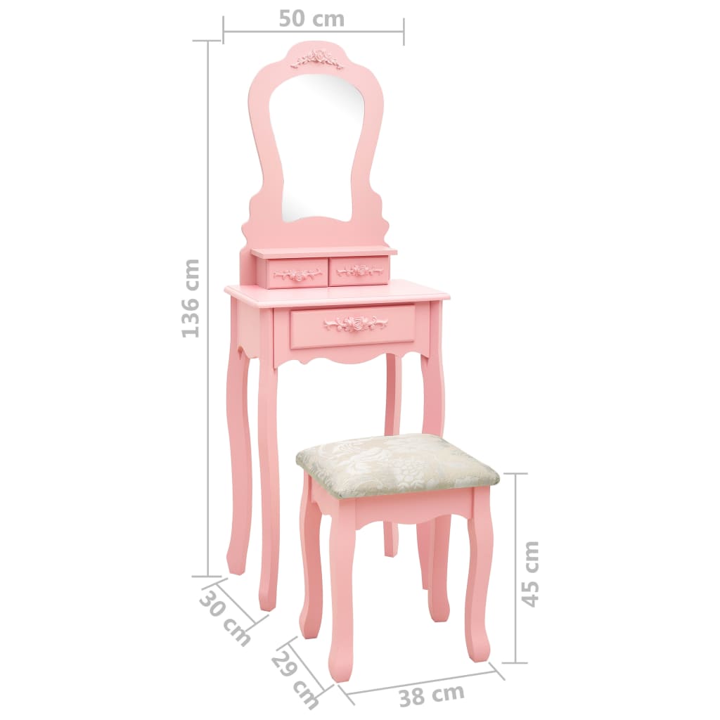vidaXL Kaptafelset met kruk 50x59x136 cm paulowniahout roze