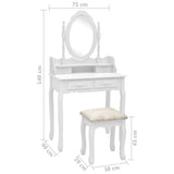 vidaXL Kaptafelset met kruk 75x69x140 cm paulowniahout wit