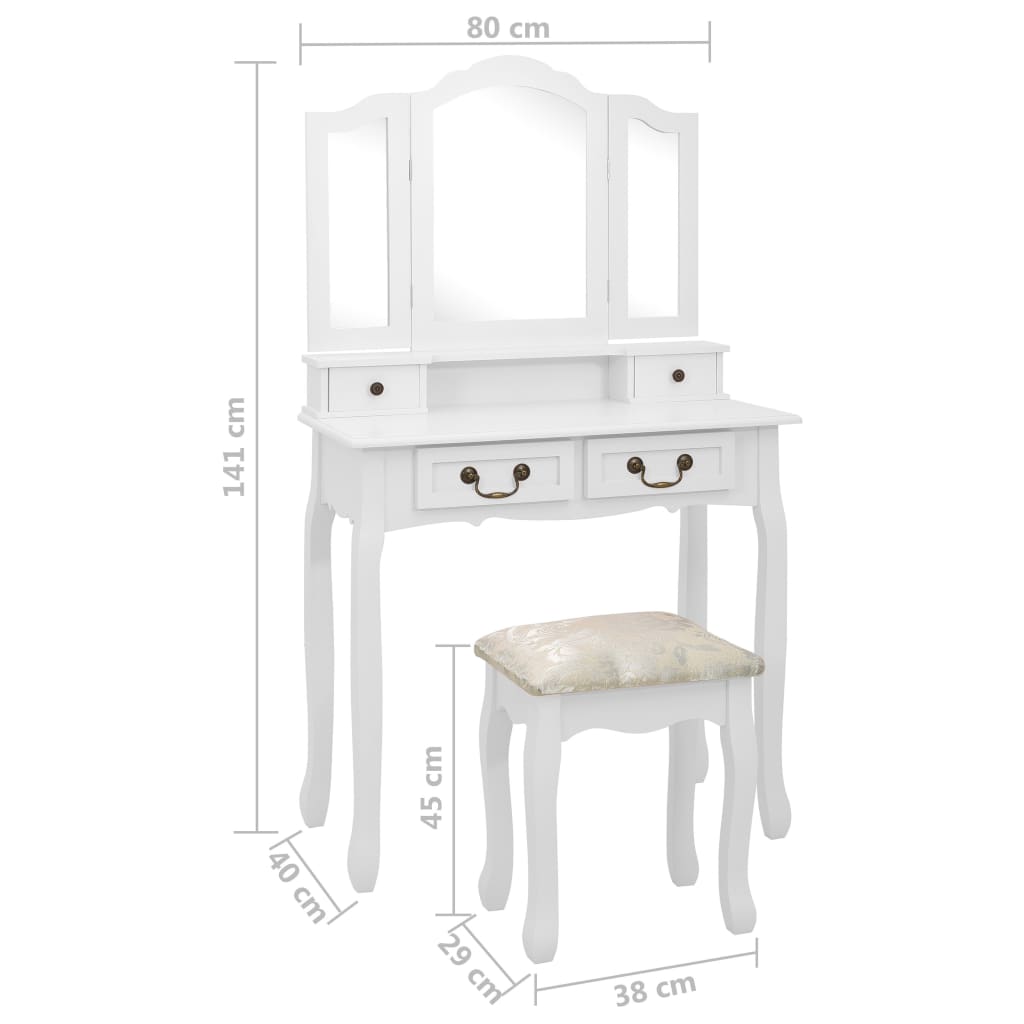 vidaXL Dressing Table Set with Stool 80x69x141 cm Paulownia Wood White