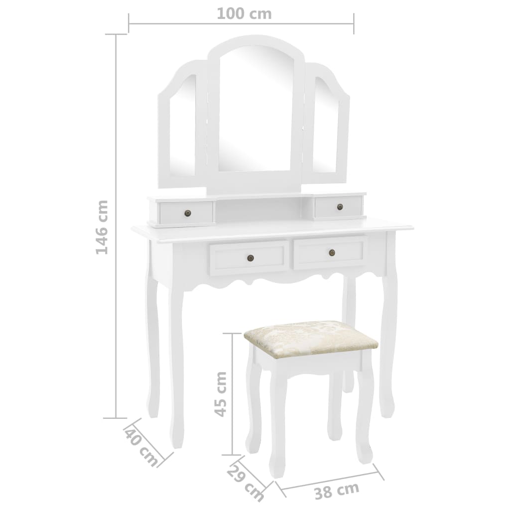 vidaXL Dressing Table Set with Stool 100x40x146 cm Paulownia Wood White