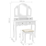 vidaXL Dressing Table Set with Stool 100x40x146 cm Paulownia Wood White