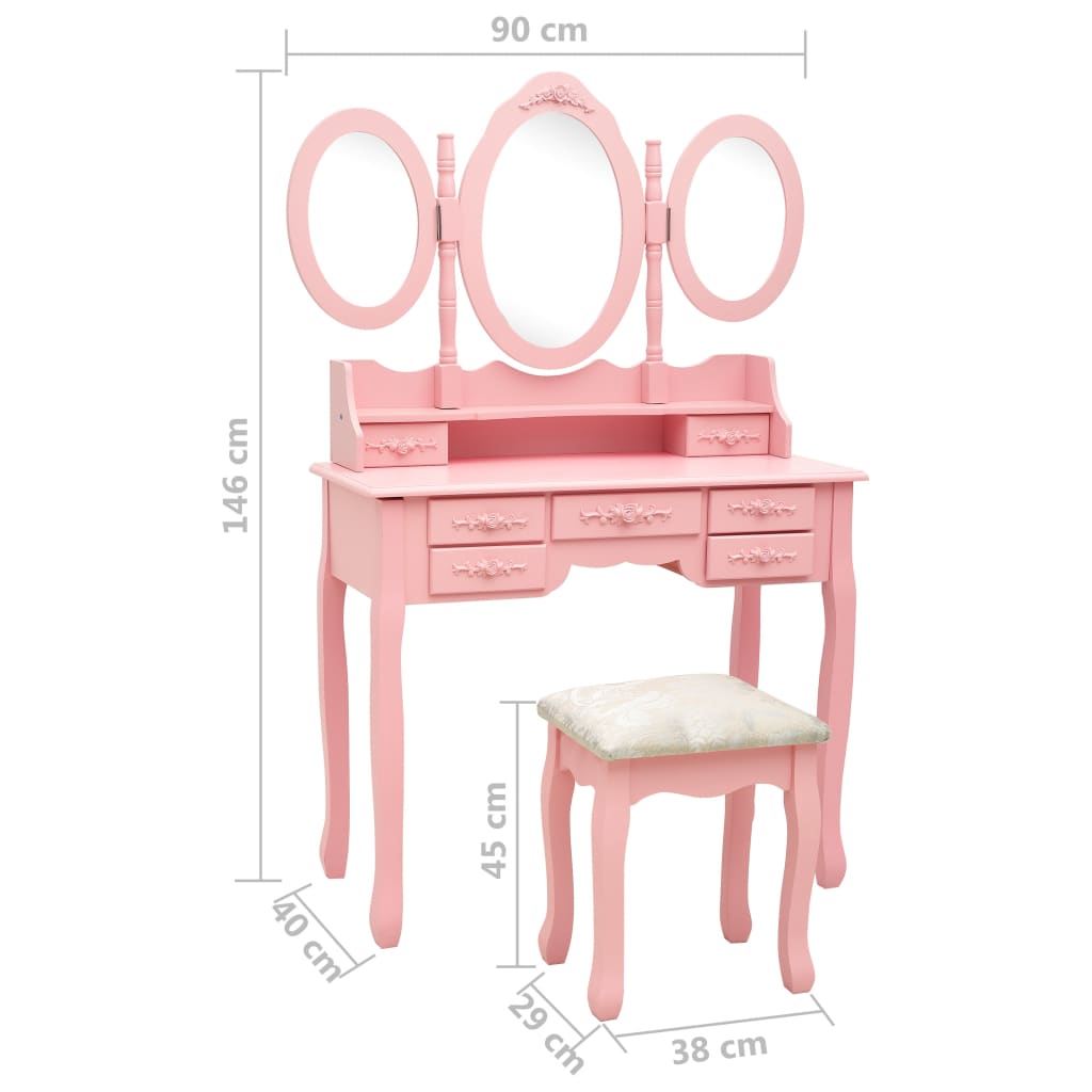 vidaXL Dressing Table with Stool and Triple Mirror Pink