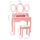 vidaXL Dressing Table with Stool and Triple Mirror Pink