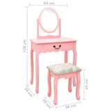 vidaXL Dressing Table with Stool 65x36x128 cm Paulownia Wood MDF Pink