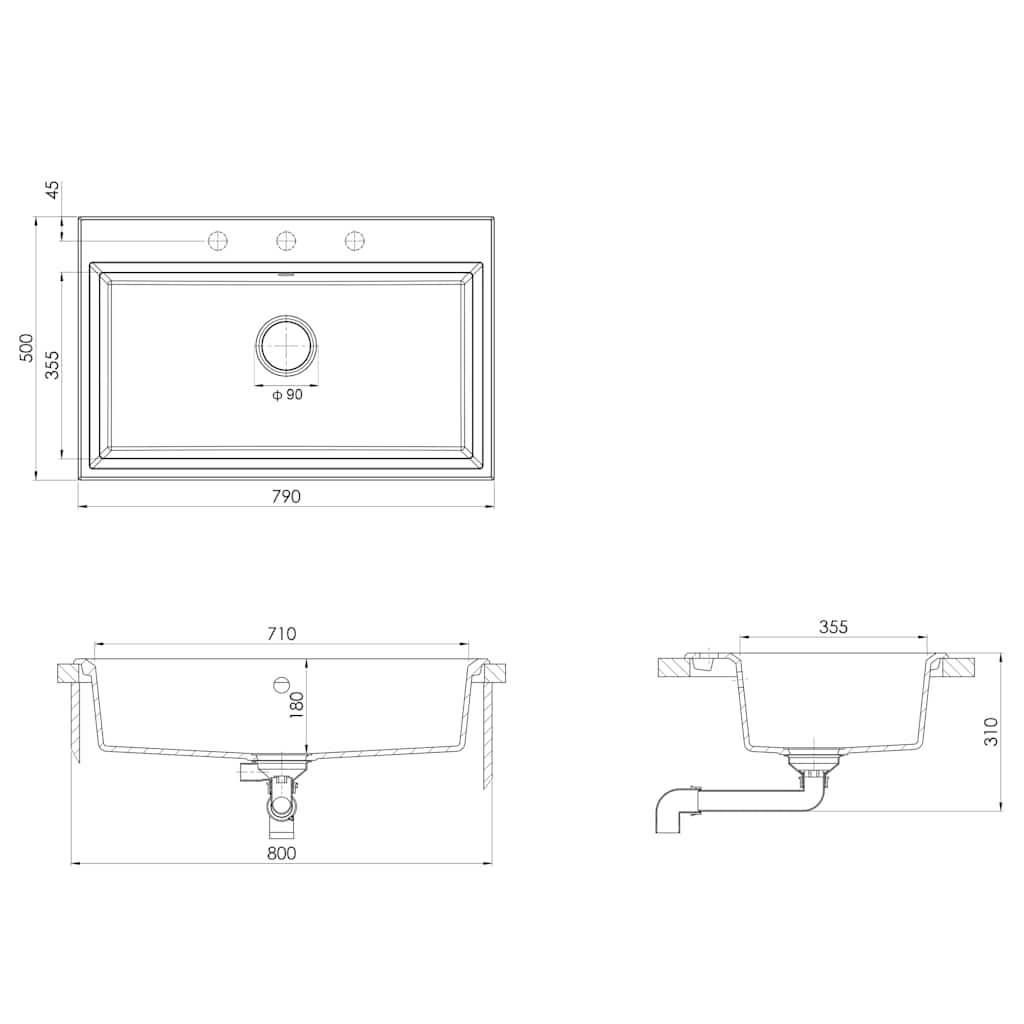vidaXL Kitchen Sink Black 79 x 50 x 31 cm Quartz and Resin