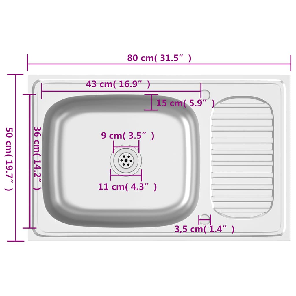 vidaXL Sink with Drainer Set 800x500x155 mm Stainless Steel Silver