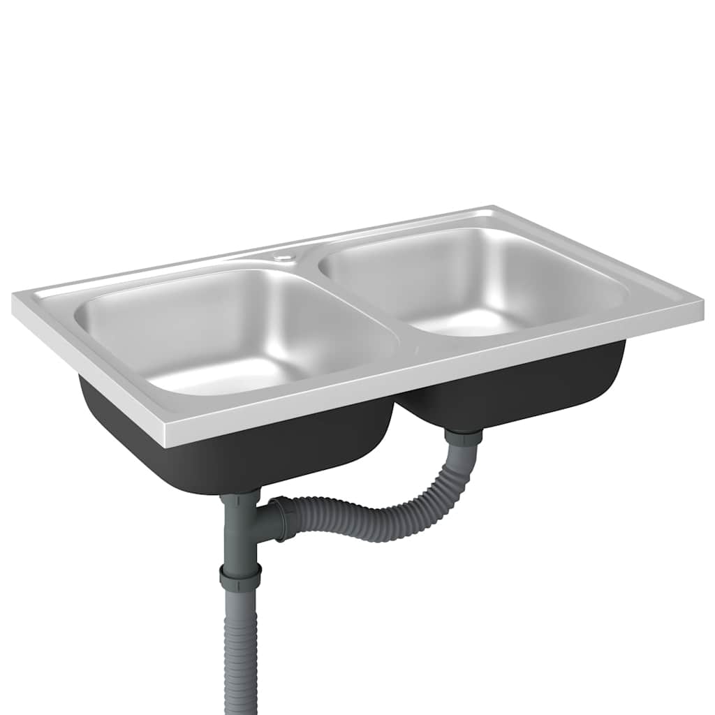 vidaXL Double-Bowl Sink 800x500x155 mm Stainless Steel Silver