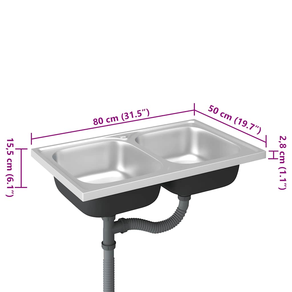 vidaXL Double-Bowl Sink 800x500x155 mm Stainless Steel Silver