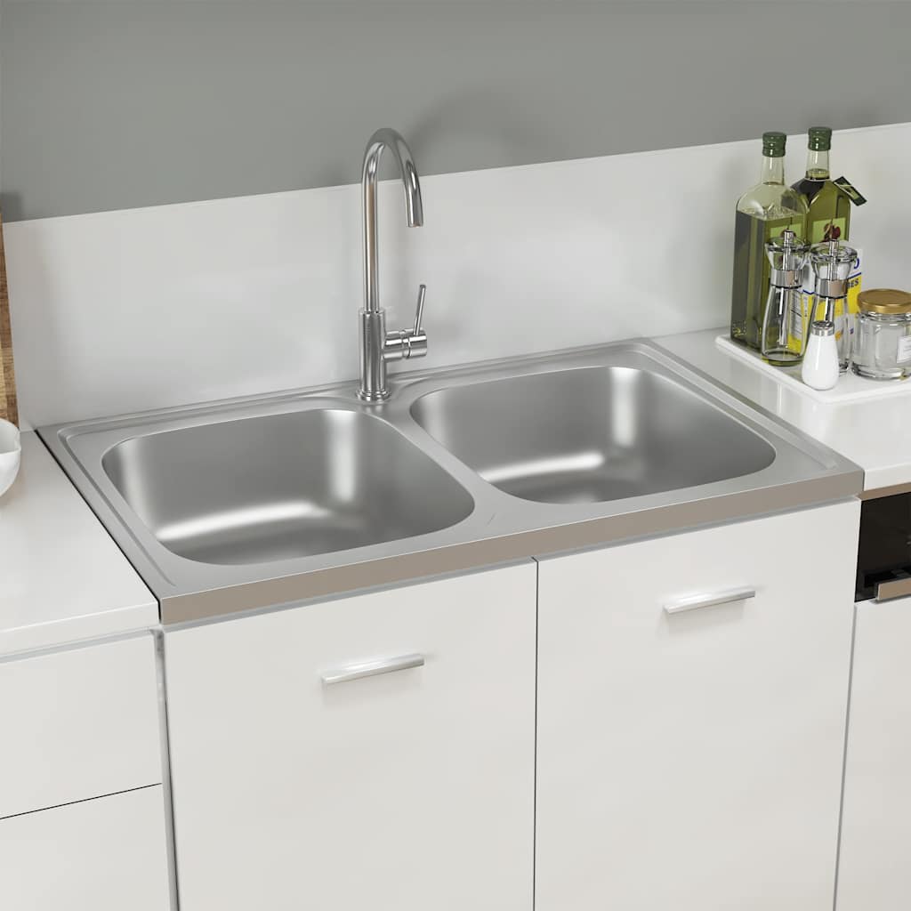 vidaXL Double-Bowl Sink 800x500x155 mm Stainless Steel Silver